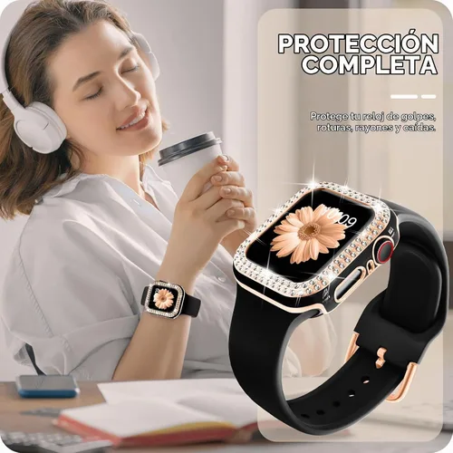 Vista 6 de DABAOZA Compatible con Apple Watch de 1.496 pulgadas con funda de parachoques con purpurina, correa ajustable de silicona negra, suave y cómoda