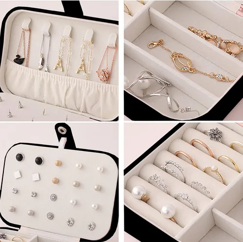 Vista 3 de Organizador de joyas, organizador de joyas de viaje, de piel sintética, portátil, caja de almacenamiento de joyas para mujeres y niñas, aretes