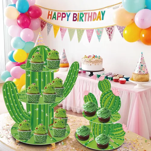 Vista 6 de 2 soportes para cupcakes de cactus, forma de cactus verde, decoración de fiesta mexicana para Cielito Lindo Three Esta cumpleaños, suministros