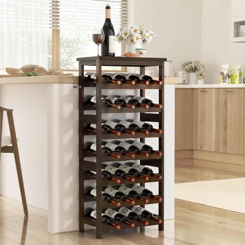 Vista 8 de Estante de vino para 28 botellas, de madera maciza, 7 niveles, con mesa, soporte para botellas sin tambaleo para bodega, cocina, bar, comedor, sala
