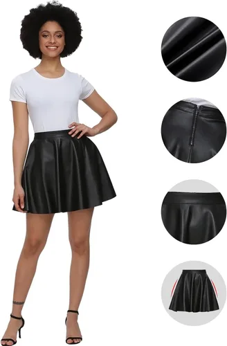 Vista 6 de Fahsyee Falda skater de cuero, plisada negra para mujer, talla grande, mini, acampanada, vegana, cintura alta, casual, elástica, S-XXXL