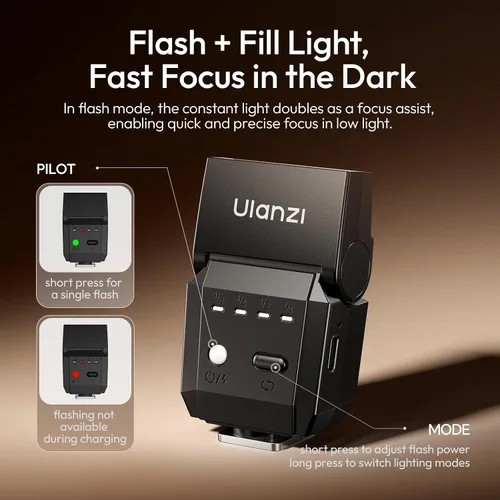 Vista 3 de ULANZI SL03 - Flash Speedlite Mini para Cámara con Luz de Vídeo para Principiantes Básico, GN8 6500K, Ángulo Ajustable de 90°, Compatible con DSLR