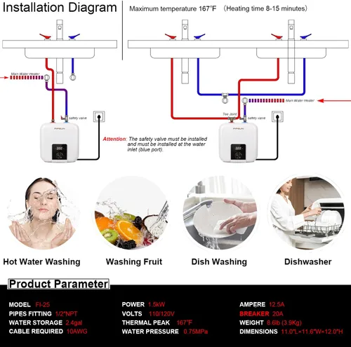 Vista 7 de Tanque pequeño de 110V/115v/120V 1400-1500W para debajo del fregadero, calentador de agua de 2.5 galones con almacenamiento en caliente, mini