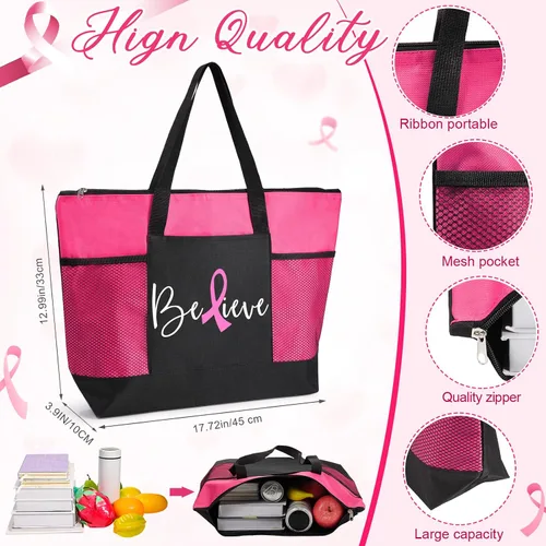 Vista 3 de Bolsas de regalo para concientización sobre el cáncer de mama, bolsas de señal de cinta rosa para mujer, bolsillo de malla, apoyo para concientizar