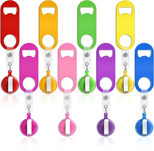 Vista 13 de Honoson 8 Piezas Abrebotellas Retráctil de Bartender Abridor de Cerveza Plano con Clips de Carrete de Insignia Redonda Soporte para Cocina