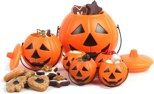 Vista 9 de LOMIMOS 12 mini caldero negro para el día de Halloween, soporte de plástico multiusos para dulces con asa para decoración de fiestas