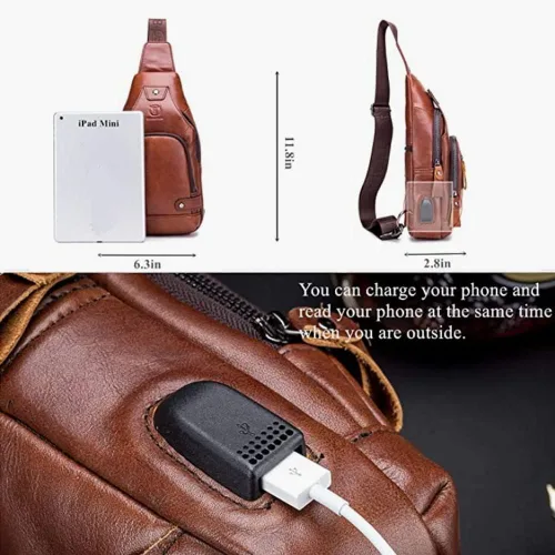 Vista 4 de Vintage Leather Sling Bag Backpack for Men Crossbody Shoulder Chest Day Pack Backpacks #10Marrón