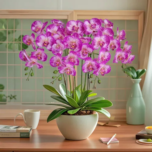 Vista 3 de Htmeing 2 tallos de orquídeas artificiales de tacto real, orquídeas falsas Phalaenopsis para centro de mesa, hogar, cocina, boda, fiesta, decoración
