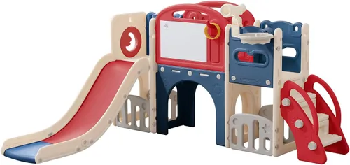 Vista 10 de Conjunto de juegos al aire libre 12 en 1 para niños pequeños con columpio, columpio interior y conjunto de tobogán, parque de juegos para niños