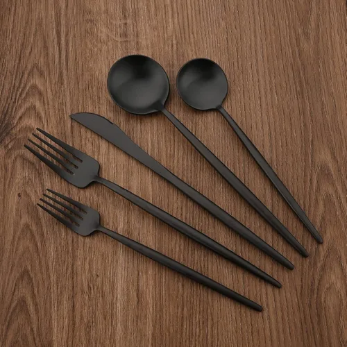 Vista 6 de Juego de cubiertos de 28 piezas con cuchillos para carne, cubiertos de acero inoxidable 18/8, juego de cubiertos modernos para 4 tenedores de Negro