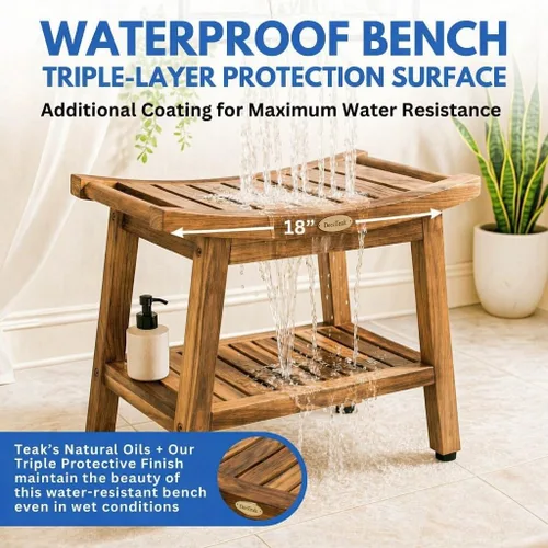 Vista 7 de EcoDecors Banco de teca para ducha de 18 pulgadas, banco de ducha de madera de teca impermeable, asiento de baño con estante, capacidad de 300