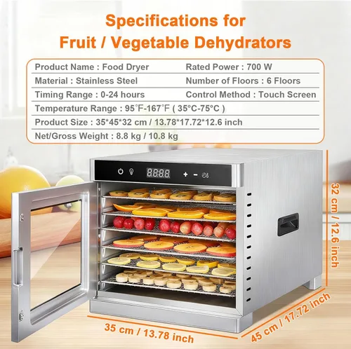 Vista 8 de Food Dehydrator Machine, 6 Stainless Steel Trays, 700W Electric Food Dryer with Adjustable Temperature & 24-Hour Timer, for Jerky, Meat, Fruit Silver