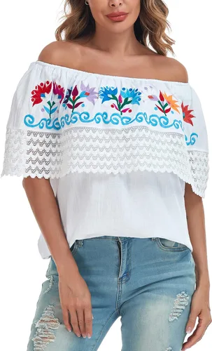 Vista 5 de YZXDORWJ Camisa con hombros descubiertos bordados mexicanos para mujer