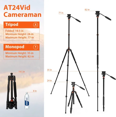Vista 2 de GEEKOTO Trípode de video con cabezal fluido, trípode profesional para cámara réflex digital, monopie de aluminio de 77 pulgadas para videocámara