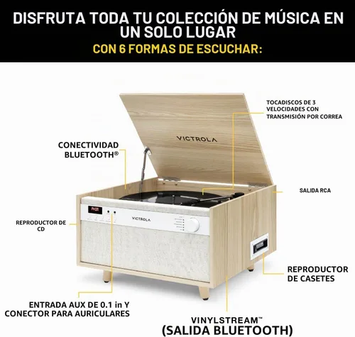 Vista 2 de Victrola Century 6-en-1 Reproductor de discos de vinilo y centro de música – Tocadiscos de 3 velocidades, reproductor de CD y cassette, VINYLSTREAM