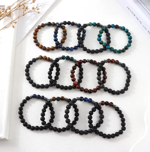 Vista 7 de MOZAKA 12 pulseras con cuentas de piedra natural de lava de 0.315 in para hombres y mujeres, ojo de tigre, hematita, ónix negro, cuentas mate