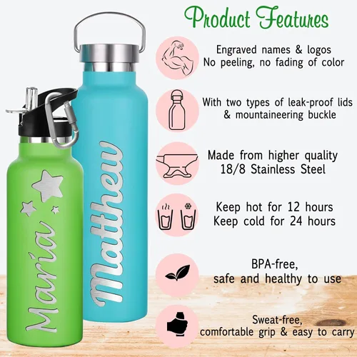 Vista 3 de Botellas de agua personalizadas con tapa de popote de 12/26 onzas con nombre grabado, logotipo, botella aislada personalizada, botellas de agua
