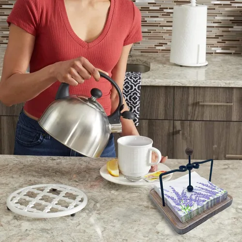 Vista 2 de Servilletero de madera rústica para mesa, decoración de mesa de cocina de granja, servilletero plano con brazo y asa con peso para el hogar, cocina