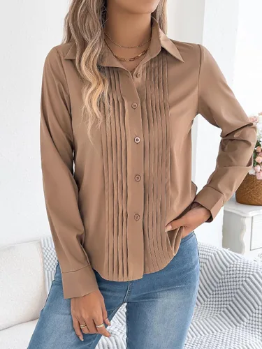 Vista 5 de Blusa de manga larga plisada con cuello y botones para mujer, elegante blusa de oficina