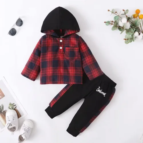Vista 2 de Ropa para bebés pequeños, trajes de otoño e invierno, conjuntos de franela de celosía con botones de manga larga con capucha y pantalones