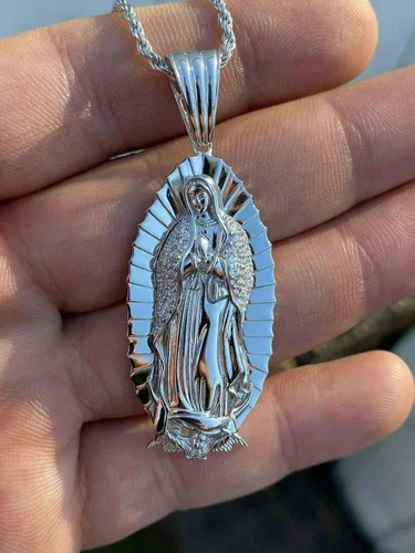 Vista 8 de Harlembling Solid 925 Sterling Silver - Men's Virgin Mary Pendant - Iced Nuestra Señora de Guadalupe