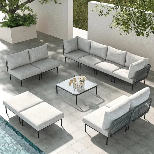 Vista 38 de LayinSun Juego de muebles de patio de aluminio de 7 piezas, sofá modular moderno con mesa auxiliar y cojín de grosor mejorado Gris claro