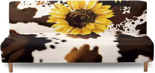 Vista 2 de Fundas para sofá cama con estampado de vaca marrón girasol con bandas elásticas para el hogar, sala de estar, fácil de instalar, antideslizante