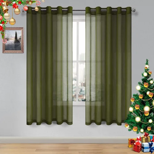 Vista 45 de DWCN Cortinas traslúcidas color verde frijol para sala de estar y dormitorio - Cortinas voile con aspecto de lino sintético con ojales en la parte