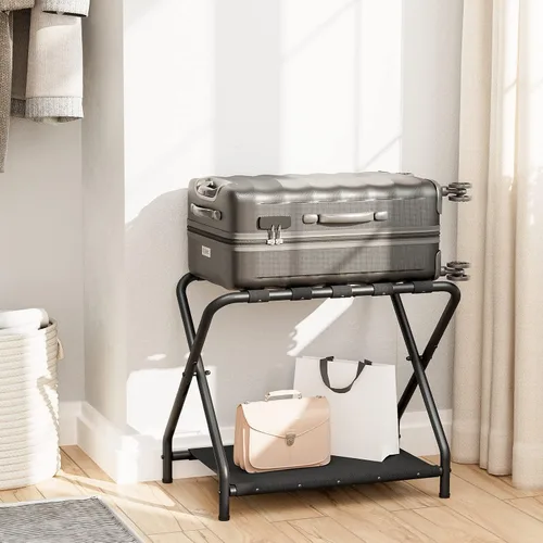 Vista 3 de HOOBRO Portaequipajes, soporte plegable para maleta con estante de almacenamiento de tela para habitación de invitados, dormitorio, hotel, soporta