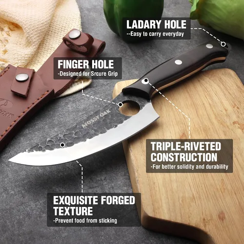 Vista 6 de Cuchillo de chef Mossy Oak, cuchillo de cocina para deshuesar, cortar y picar, cuchillo vikingo forjado a mano con mango de tanga completa y funda