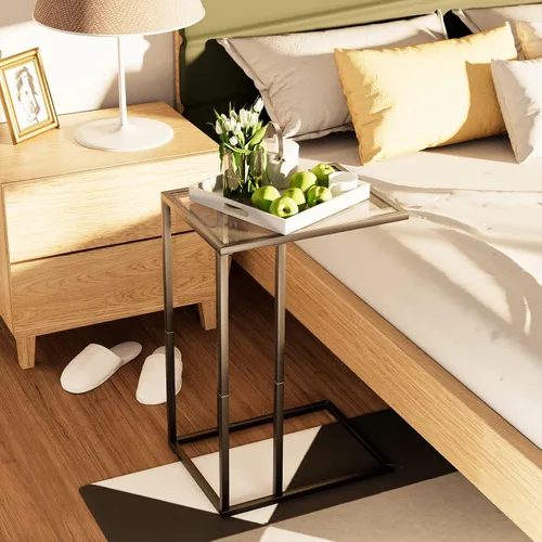 Vista 8 de Mesa auxiliar en forma de C, mesa auxiliar pequeña para sofá, mesa auxiliar de vidrio templado con marco de metal para espacios pequeños, sala