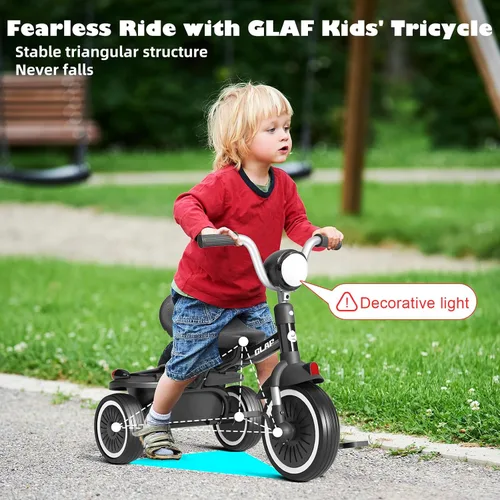 Vista 4 de Glaf Bicicleta para niños de 2 a 5 años, triciclo para niños pequeños de 1 a 3 años, triciclo con asiento ajustable y cesta de almacenamiento, Negro