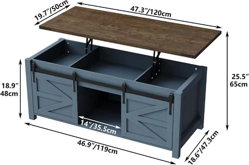 Vista 2 de Furnihold Mesa auxiliar elevable, mesa de centro de granja de 47.3 pulgadas con gran compartimento de almacenamiento oculto y puertas corredizas