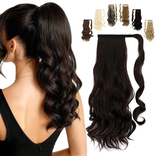 Vista 18 de FELENDY Extensión de cola de caballo, extensiones de cabello largo envolvente de 18 pulgadas, extensiones de cabello ondulado y rizado con clip