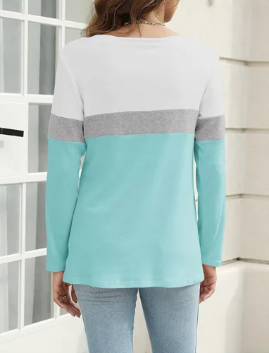 Vista 5 de Minetom Camisetas de manga larga con cuello en V para mujer, estilo casual, bloque de colorsólido, camisetas básicas