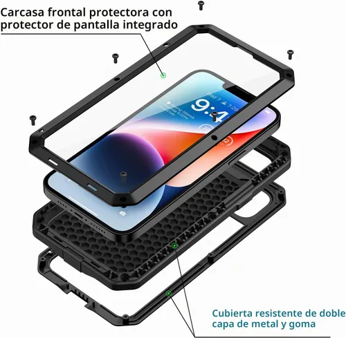Vista 2 de Lanhiem Funda de metal para iPhone 14, resistente a los golpes, con protector de pantalla de vidrio integrado, 360º cuerpo completo a prueba de Negro