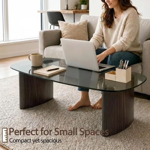 Vista 9 de Mesa de centro moderna de cristal, mesa de centro para sala de estar, tapa de vidrio templado con base de madera resistente, mesas de centro