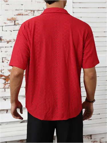 Vista 2 de VIPWOLF Camisa de playa con botones de manga corta con bordado de ojales para hombre