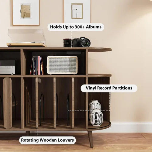 Vista 7 de Soporte para tocadiscos con almacenamiento de vinilo, mesa de tocadiscos con estación de carga, consola multimedia y estante de discos para más