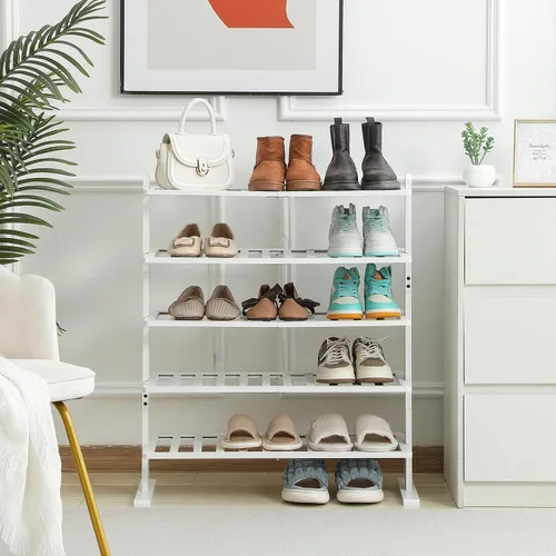 Vista 6 de Varhomax Zapatero Blanco, Organizador de Zapatos de Bambú de 5 Niveles para Clóset y Entrada, Estante de Zapatos de Madera Gruesa Independiente