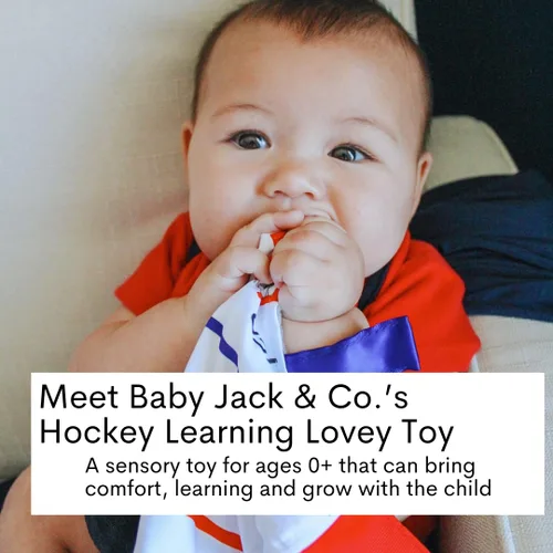 Vista 2 de Baby Jack & Co - Manta de felpa sensorial de hockey deportiva de 10 x 10 pulgadas, juguetes de etiqueta para bebés, juguetes para cochecito de bebé