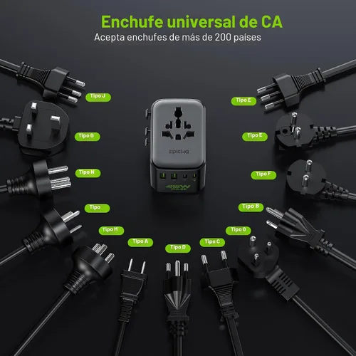 Vista 6 de Epicka Pulse Duo 45W Universal Travel Adapter PD/QC 3.0, 2AC/2USB-C/2USB-A