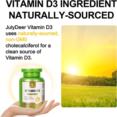 Vista 7 de JulyDeer Vitamina D3 2000 UI (50 mcg) 180 cápsulas blandas Apoya la salud inmunológica, la absorción de calcio y la fuerza ósea Esencial