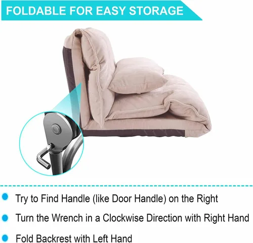 Vista 5 de Sofá perezoso con 2 almohadas, sofá cama de suelo con respaldo ajustable, sofá futón plegable para leer juegos, espacios pequeños, apartamento