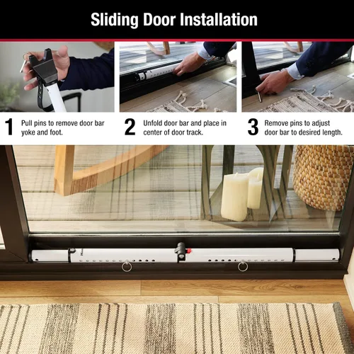 Vista 5 de Master Lock Tope de puerta corredera y barra de seguridad de puerta, ajustable para puertas batientes y correderas, lo suficientemente compacto como