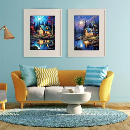 Vista 6 de YOYA Paquete de 2 Kits de Pintura de Diamantes de Cabaña de Troncos para Adultos, Kits de Arte de Diamantes 5D de Cabaña del Lago para Adultos, Kit