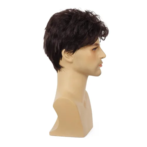 Vista 4 de Beweig Peluca marrón para hombre, peluca corta y rizada para cosplay, peluca sintética de cabello de Halloween con gorra de peluca