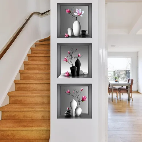 Vista 6 de Calcomanías de pared de jarrón 3D, calcomanías de pared de flores estéreo, decoración floral creativa, decoración de pared extraíble, murales