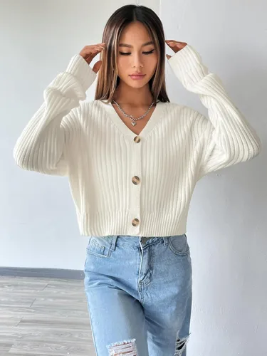 Vista 3 de SHENHE Suéter de punto acanalado con cuello en V y botones para mujer