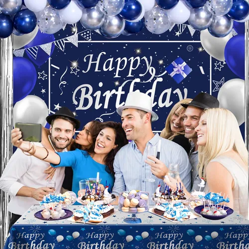 Vista 4 de Decoraciones de cumpleaños azules para hombres, decoraciones de feliz cumpleaños para hombres, mujeres, niños, decoración de fiesta, telón de fondo